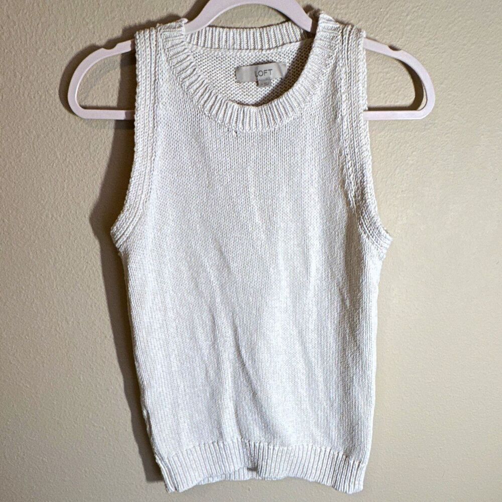 LOFT Women’s Ivory Cotton Knit Sleeveless Crewneck Sweater Vest Ribbed M